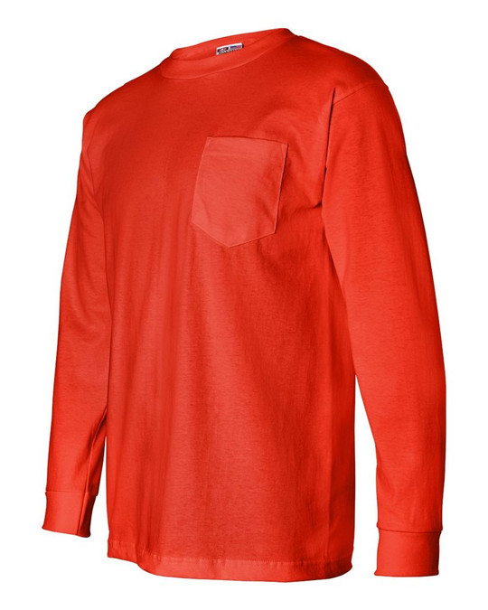 Bayside 8100 - Camiseta de manga larga con bolsillo, fabricada en EE.UU.
