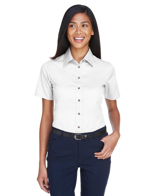 Harriton M500SW - Chemise en sergé à manches courtes Easy Blend pour dames, avec traitement antitaches
