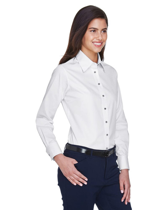 Harriton M500W - Chemise en sergé à manches longues Easy Blend pour dames avec traitement anti-taches