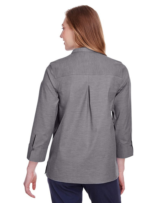 Devon & Jones DG562W - Blusa de manga 3/4 para damas Crown Collection Stretch Pinpoint Chambray