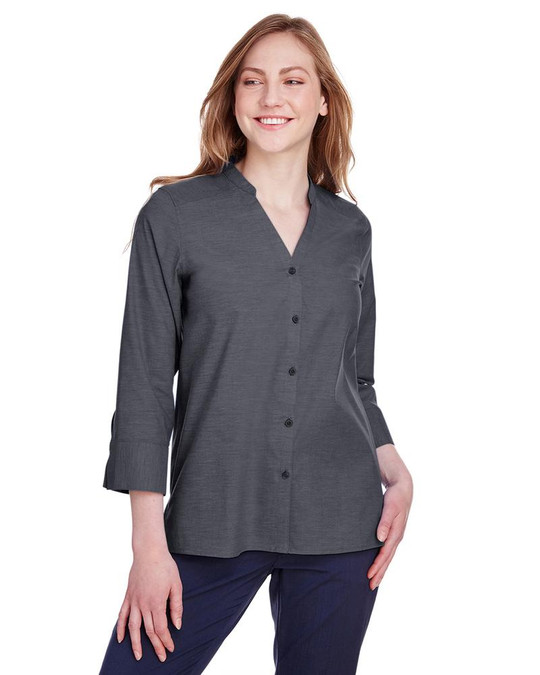 Devon & Jones DG562W - Blusa de manga 3/4 para damas Crown Collection Stretch Pinpoint Chambray
