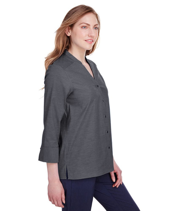 Devon & Jones DG562W - Blusa de manga 3/4 para damas Crown Collection Stretch Pinpoint Chambray