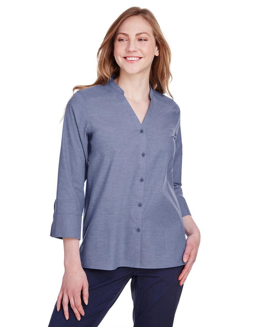 Devon & Jones DG562W - Blusa de manga 3/4 para damas Crown Collection Stretch Pinpoint Chambray