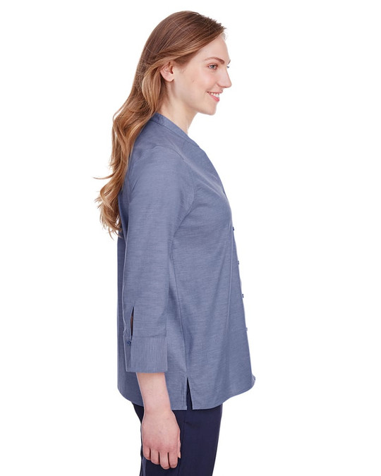 Devon & Jones DG562W - Blusa de manga 3/4 para damas Crown Collection Stretch Pinpoint Chambray