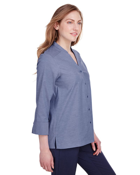 Devon & Jones DG562W - Blusa de manga 3/4 para damas Crown Collection Stretch Pinpoint Chambray