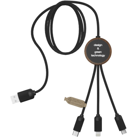 SCX.design 2PX084 - C36 3-in-1 verlengde oplaadkabel met oplichtend logo van rPET met ronde bamboe behuizing
