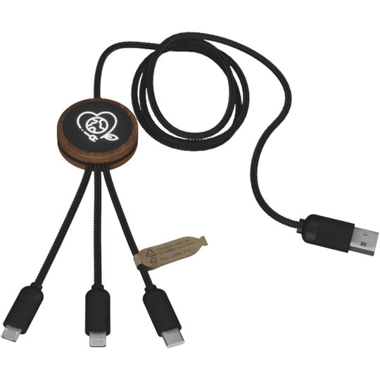 SCX.design 2PX084 - C36 3-in-1 verlengde oplaadkabel met oplichtend logo van rPET met ronde bamboe behuizing