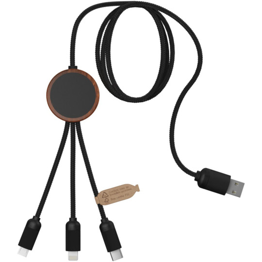 SCX.design 2PX084 - C36 3-in-1 verlengde oplaadkabel met oplichtend logo van rPET met ronde bamboe behuizing