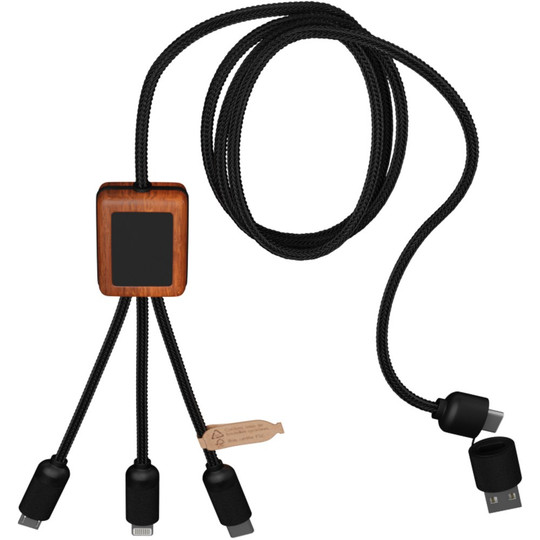 SCX.design 2PX072 - SCX.design C38 Câble de charge 5-en-1 en rPET avec logo lumineux et boîtier en bois quadrillé