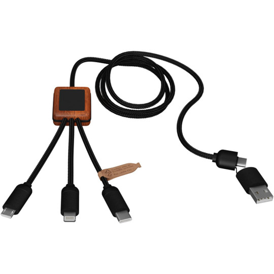 SCX.design 2PX072 - C38 5-in-1 rPET light-up logo charging cable with squared wooden casing