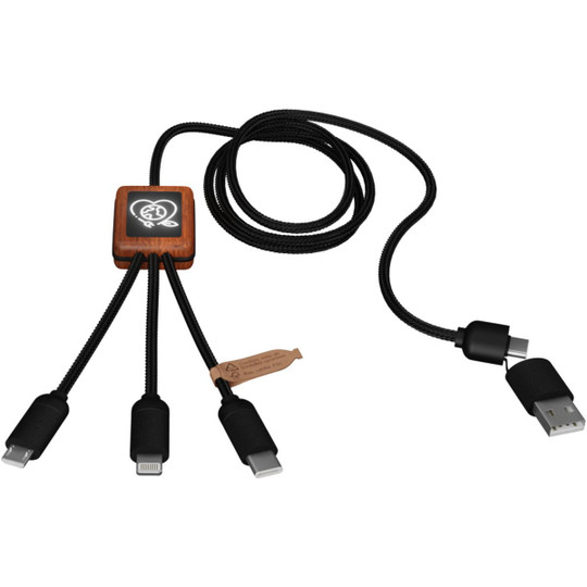 SCX.design 2PX072 - C38 5-in-1 rPET light-up logo charging cable with squared wooden casing