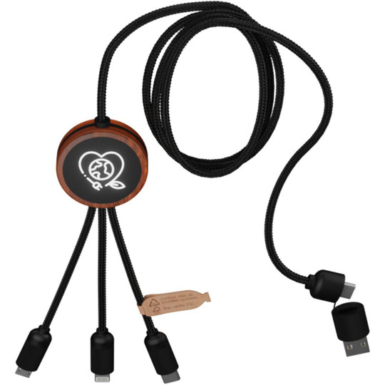 SCX.design 2PX071 - C37 5-in-1 rPET light-up logo charging cable with round wooden casing