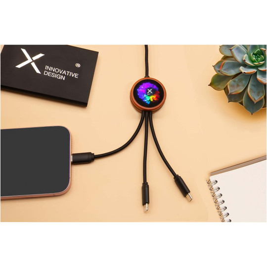 SCX.design 2PX071 - C37 5-in-1 rPET light-up logo charging cable with round wooden casing