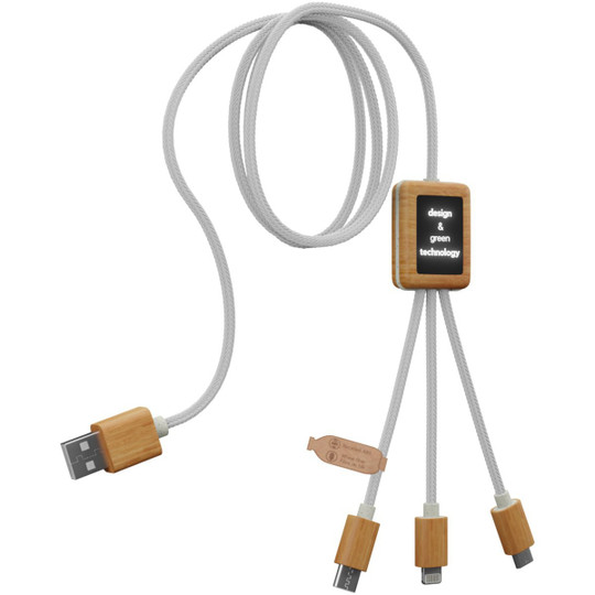 SCX.design 2PX108 - C39 3-in-1 rPET light-up logo charging cable with squared bamboo casing