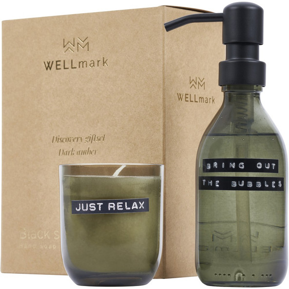 WELLmark 126311 - Wellmark Discovery Seifenspender und Duftkerze ´dunkler Bernstein´-Set, 200 ml (Seifenspender) und 150 g (Duftkerze)