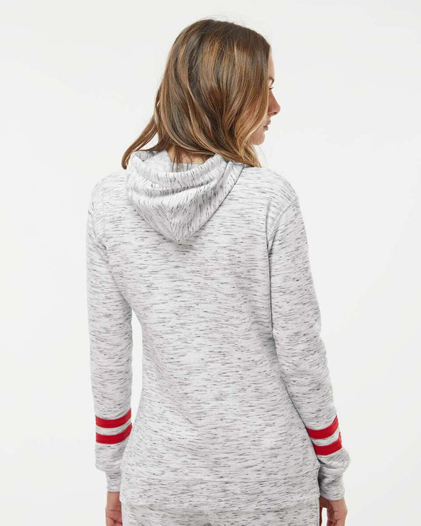 J. America 8674 - Women’s Mélange Fleece Striped-Sleeve Hooded Sweatshirt
