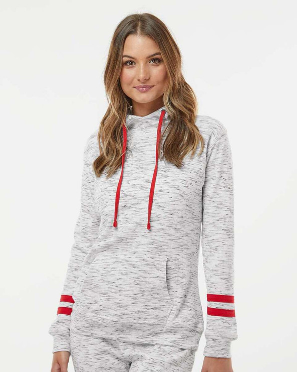 J. America 8674 - Women’s Mélange Fleece Striped-Sleeve Hooded Sweatshirt