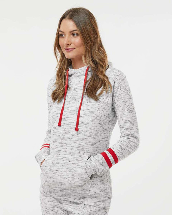 J. America 8674 - Women’s Mélange Fleece Striped-Sleeve Hooded Sweatshirt