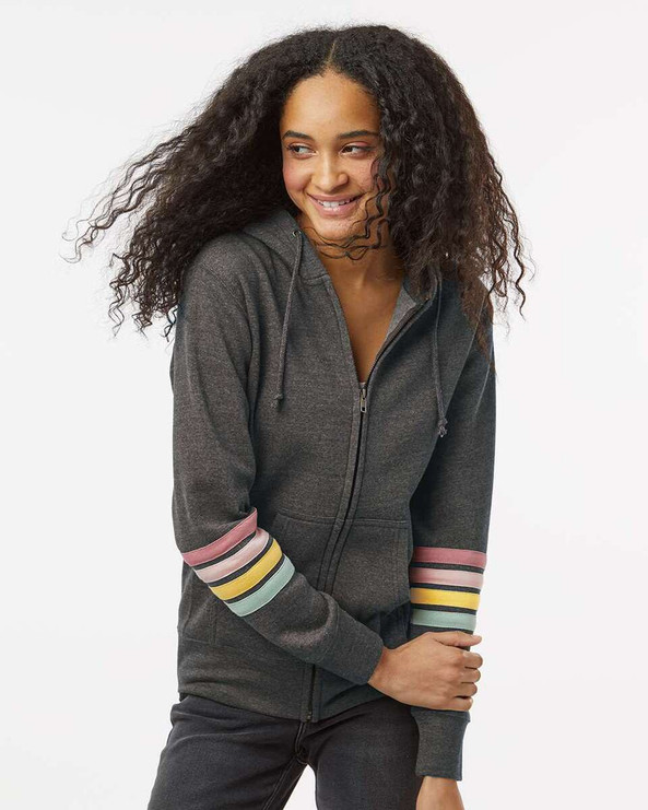 MV Sport W22732 - Women's Striped Sleeves Full-Zip Hooded Sweatshirt