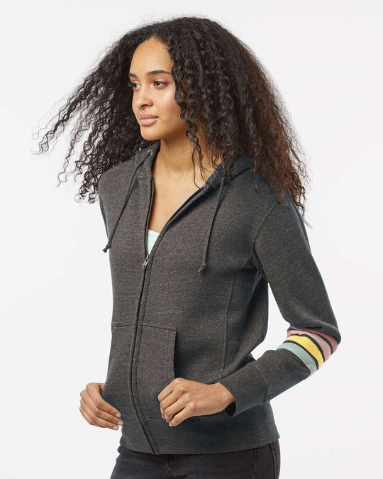 MV Sport W22732 - Sudadera con capucha y cremallera completa y mangas a rayas para mujer