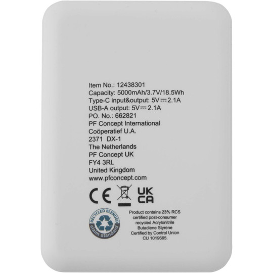 Asama powerbank o pojemności 5000 mAh Type-C z tworzyw sztucznych pochodzących z recyklingu - EgotierPro 124383