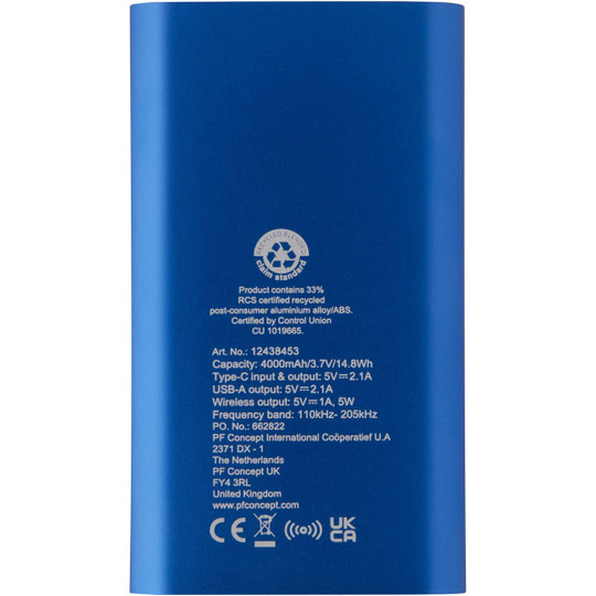 Juice 4000 mAh Type-C recycled aluminium wireless power bank  - EgotierPro 124384