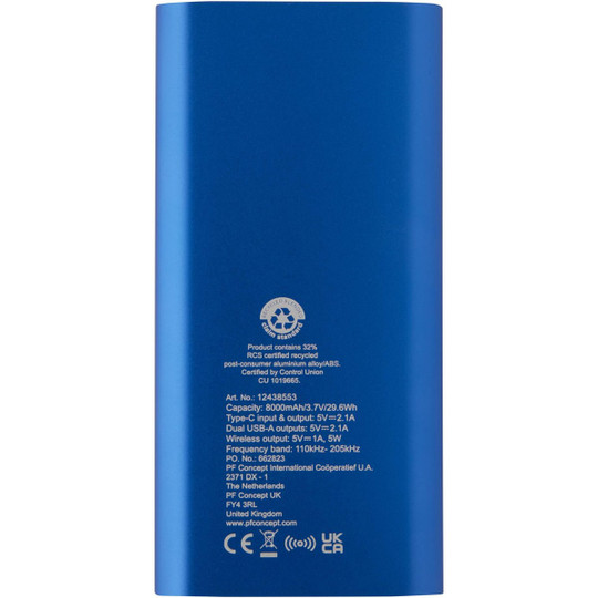 Juice 8000 mAh Type-C recycled aluminium wireless power bank - EgotierPro 124385