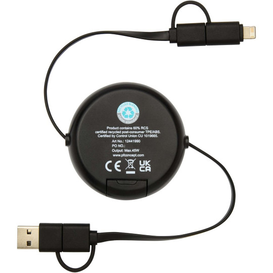 Chechia 5-in-1 recycled plastic 100 cm retractable data sync and 45W fast charge cable - EgotierPro 124419