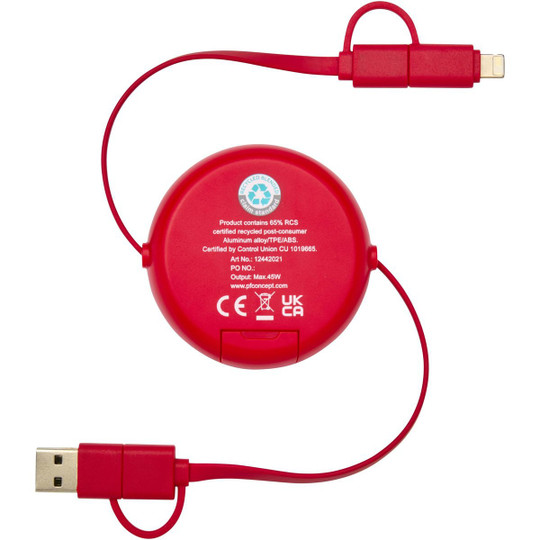 Alasia 5-in-1 100 cm recycled plastic and aluminium retractable data sync and 45W fast charge cable - EgotierPro 124420
