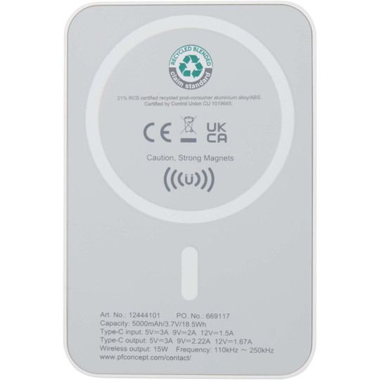 Acrab 5000 mAh 15W magnetic wireless power bank with 20W PD - made from recycled plastic - EgotierPro 124441