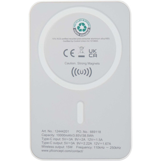 EgotierPro 124442 - Acrab 15 W 10.000 mAh magnetische kabellose Powerbank mit 20 W PD aus recyceltem Kunststoff