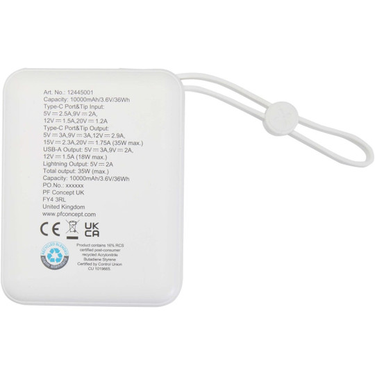 Acrux 35 W 10.000 mAh Tablet Powerbank mit integriertem Typ-C-Kabel aus recyceltem Kunststoff - EgotierPro 124450