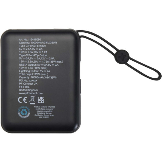 Acrux 10.000 mAh 35W tablet power bank with built in Type-C cable - made from recycled plastic - EgotierPro 124450