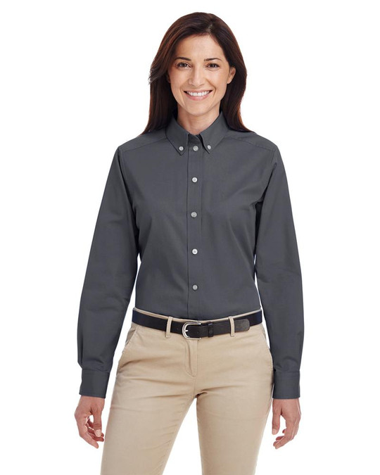 Harriton M581W - Camisa de sarga de manga larga de algodón 100% para damas con Teflon