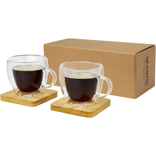 Seasons 113314 - Manti 2-teiliger 100 ml doppelwandiger Glasbecher mit Bambusuntersetzer