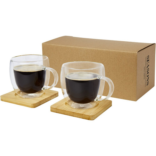 Seasons 113315 - Manti två stycken 250 ml glaskopp med dubbelvägg och underlägg av bambu