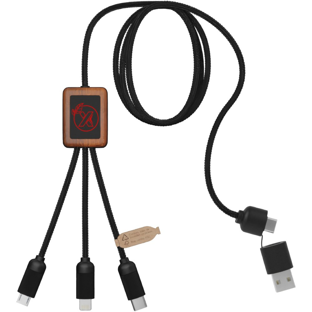 SCX.design 2PX072 - C38 5-in-1 rPET light-up logo charging cable with squared wooden casing