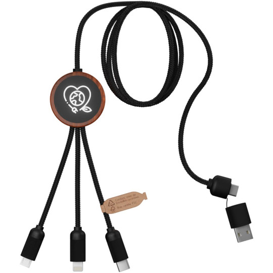 SCX.design 2PX071 - C37 5-in-1 rPET light-up logo charging cable with round wooden casing