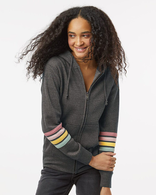 MV Sport W22732 - Women's Striped Sleeves Full-Zip Hooded Sweatshirt