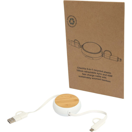 Chechia 5-in-1 recycled plastic 100 cm retractable data sync and 45W fast charge cable - EgotierPro 124419