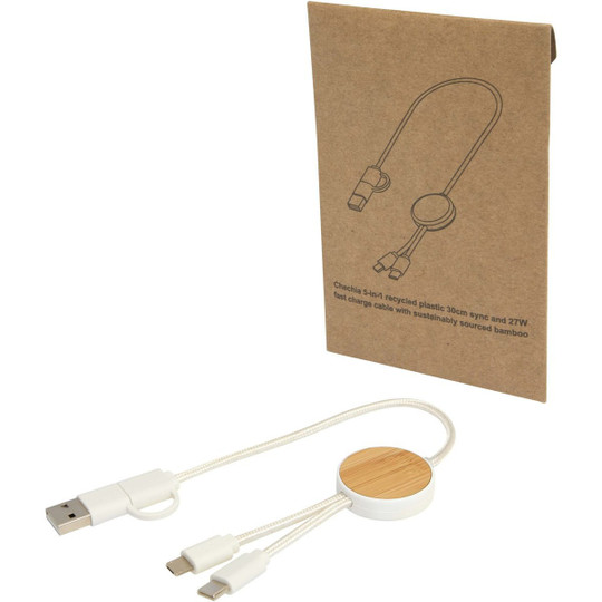 Chechia 5-in-1 recycled plastic 30 cm data sync and 27W fast charge cable with bamboo details - EgotierPro 124421