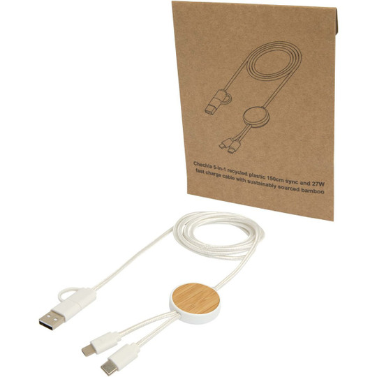 Chechia 5-in-1 recycled plastic 150 cm data sync and 27W fast charge cable with bamboo details - EgotierPro 124422