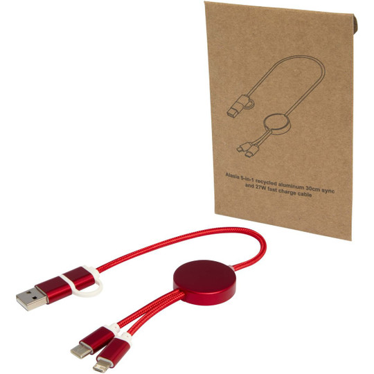 Alasia 5-in-1 recycled aluminium and plastic 30 cm data sync and 27W fast charge cable - EgotierPro 124424