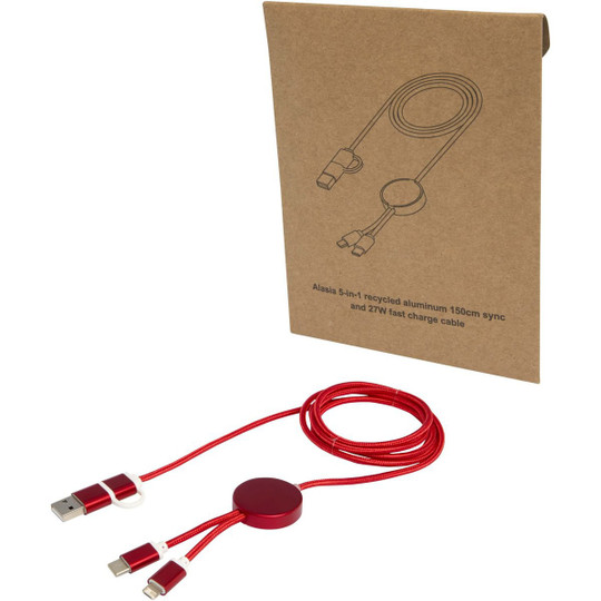 Alasia 5-in-1 recycled aluminium and plastic 150 cm data sync and 27W fast charge cable - EgotierPro 124425