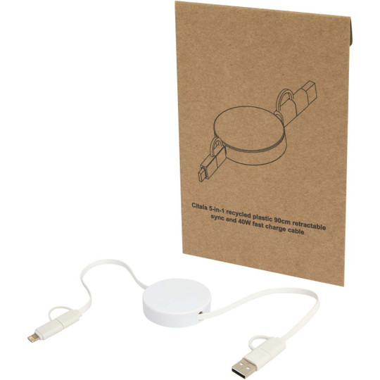 Citala 5-in-1 recycled plastic 90 cm retractable data sync and 40W fast charge cable - EgotierPro 124430
