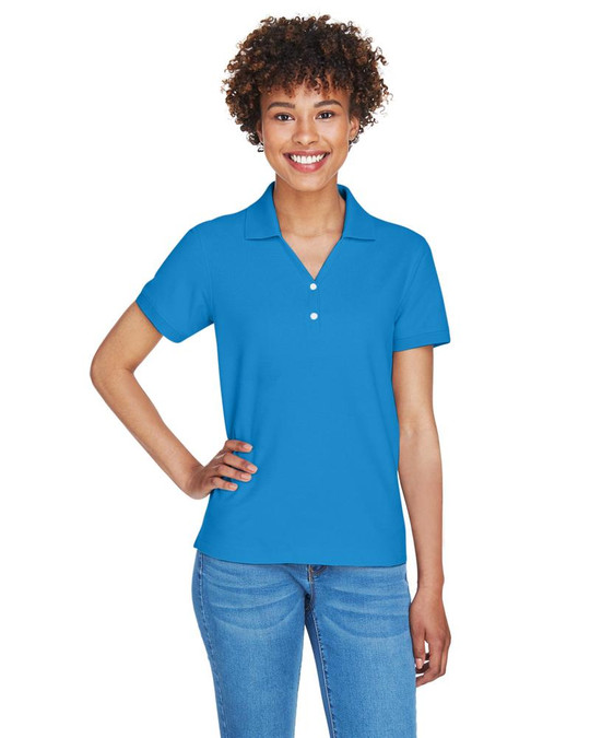 Devon & Jones D100W - Polo à col en Y à manches courtes en Pima pour dames