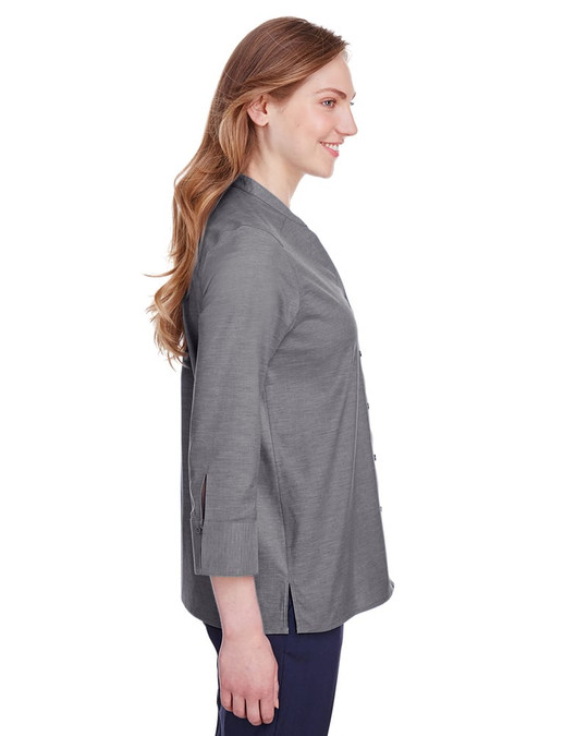 Devon & Jones DG562W - Blusa de manga 3/4 para damas Crown Collection Stretch Pinpoint Chambray