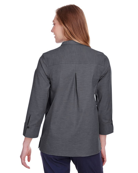 Devon & Jones DG562W - Blusa de manga 3/4 para damas Crown Collection Stretch Pinpoint Chambray