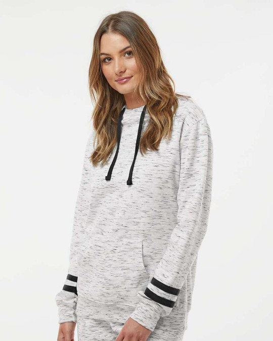 J. America 8674 - Women’s Mélange Fleece Striped-Sleeve Hooded Sweatshirt
