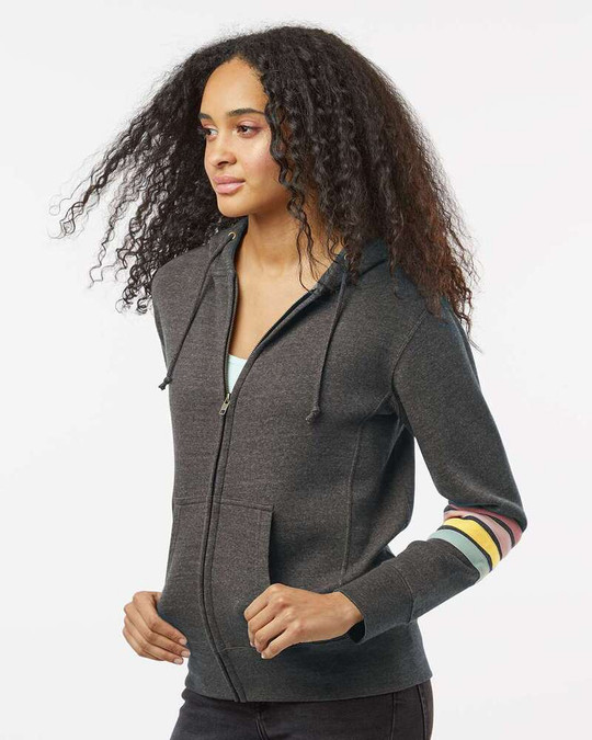 MV Sport W22732 - Sudadera con capucha y cremallera completa de mujer con mangas a rayas